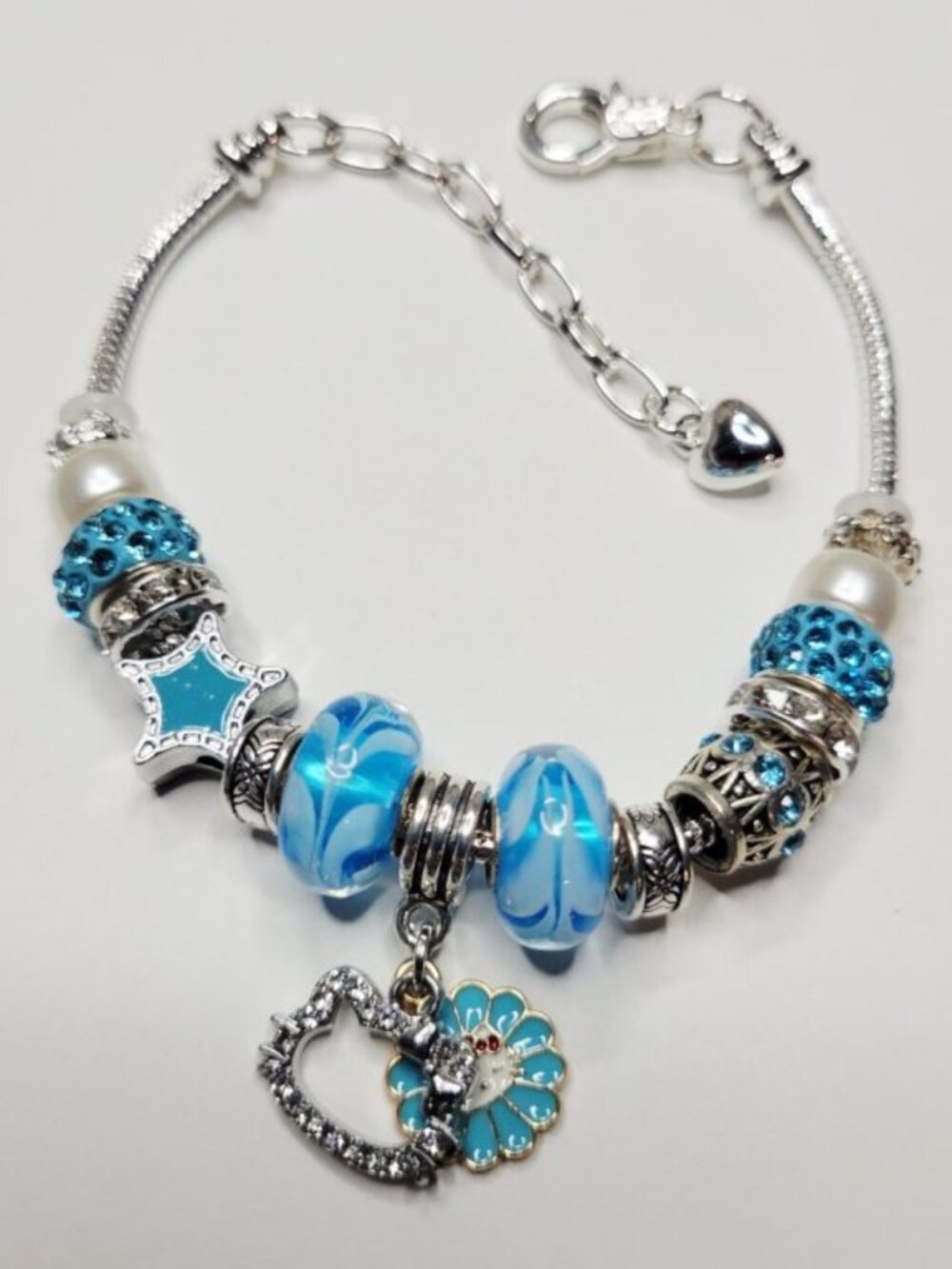 NWT Hello Kitty Pandora Style Charm Bracelet Silver Color Aqua Blue Rhinestones - Picture 8 of 8